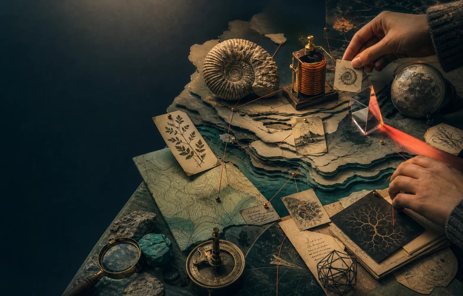 Hands arrange connected evidence across a discovery table.
