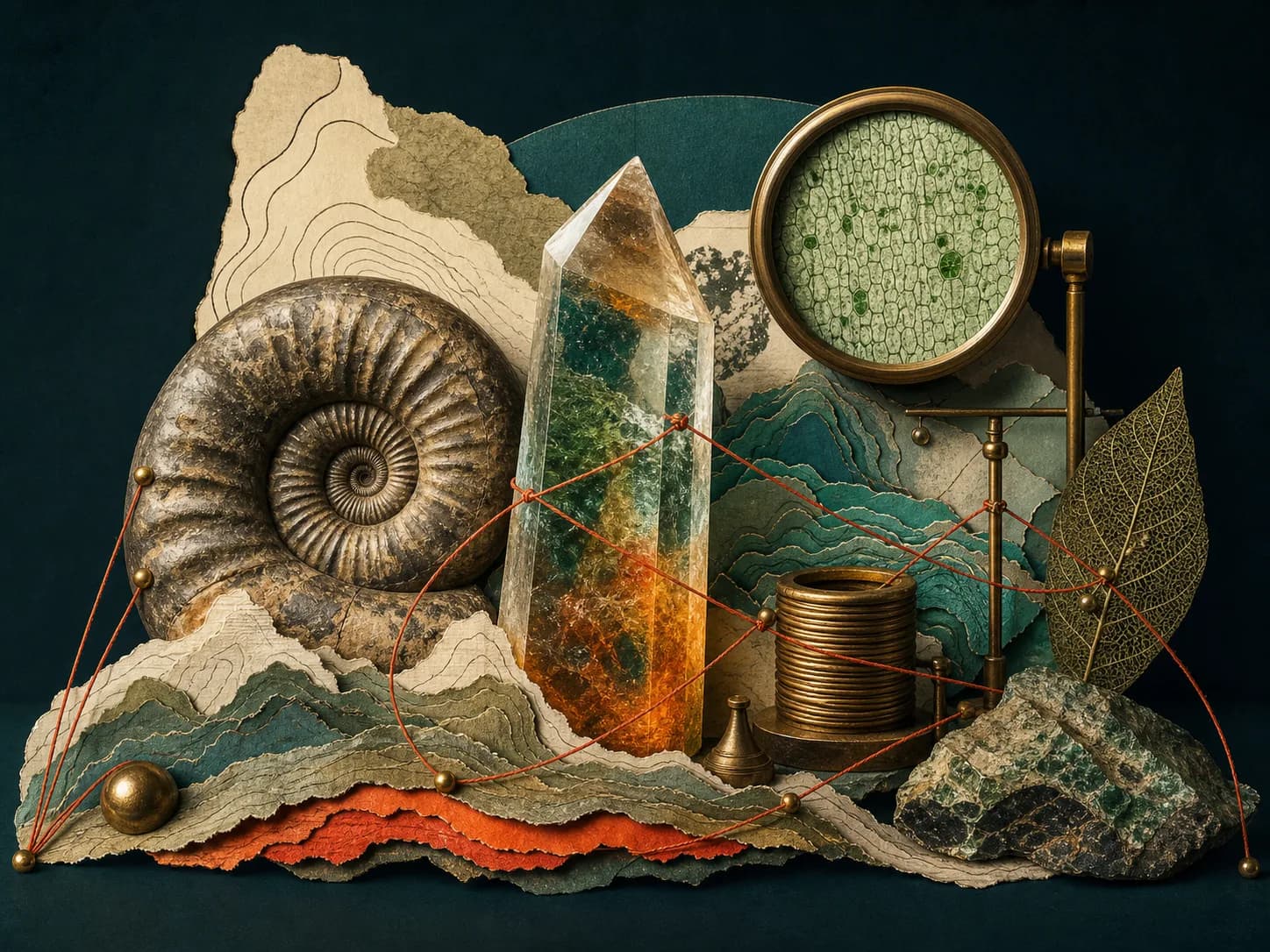 A fossil, prism, magnified leaf cells and electrical coil connected across layered paper terrain.